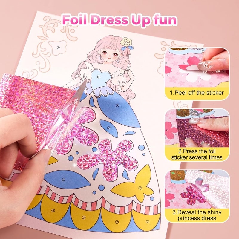 JARMELO 4 in 1 Princess Art Craft Kits, Foil Crafts Art Fun & Gem Painting, Makeup Diamond DIY Activity, Dress Up Sticker Books,Travel Toys, Ideal Toys for Girls Ages 6 7 8+ Years Old - Image 4